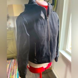 Cool faux leather sleeved sweatshirt jacket, size small with removable hood